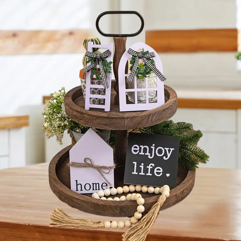 1Set Wooden Tiered Tray Decor Summer Mini Rustic Home Decorations Crafts Desktop Ornaments For Holiday Party Decoration 2