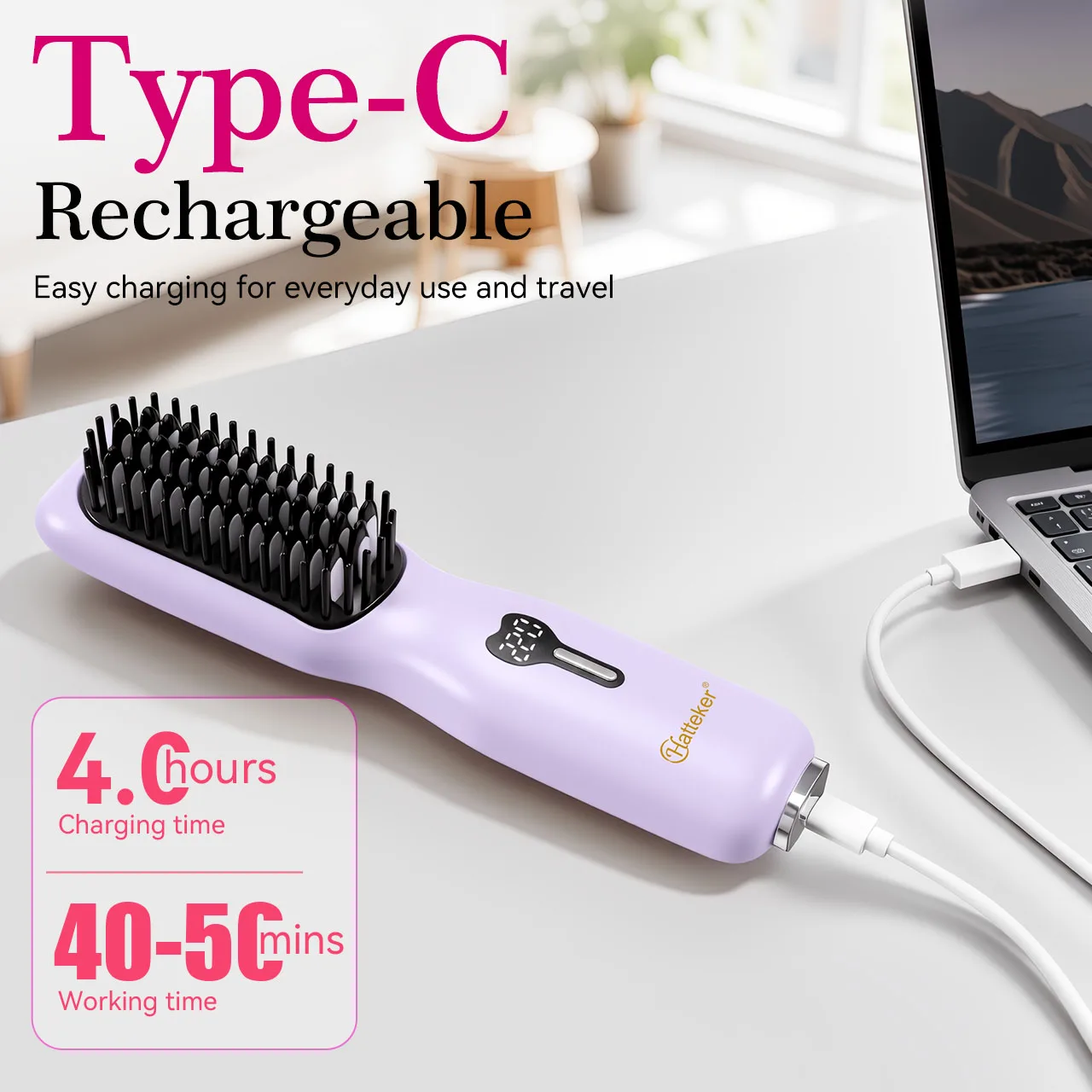 Hatteker Wireless Hair Straightening Comb Portable USB Multi-temperature Control for Straightening And Curling 5