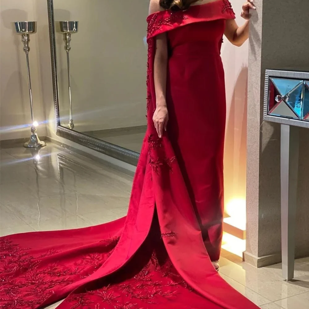 Vintage Long Red Off the Shoulder Satin Prom Dresses Short Sleeves with Cape Sheath Sweep Train سيرين لفساتين السهرة