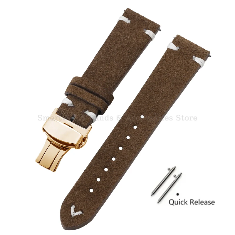 Vintage Handmade Suede Stitch Leather Watch Strap with Quick Release and Folding Clasp