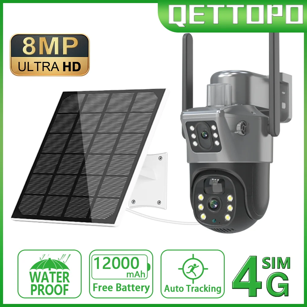 

Qettopo 4K 8MP 4G Dual Lens PTZ Solar Camera Dual Screens PIR Human Tracking Outdoor WIFI Security CCTV Surveillance IP Camera