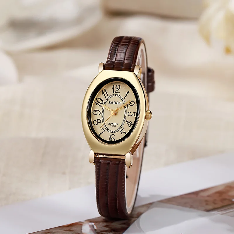 Vintage Classic Small Oval Number Dial Quartz Watches Brown Leather Band Wristwatch for Ladies Gifts