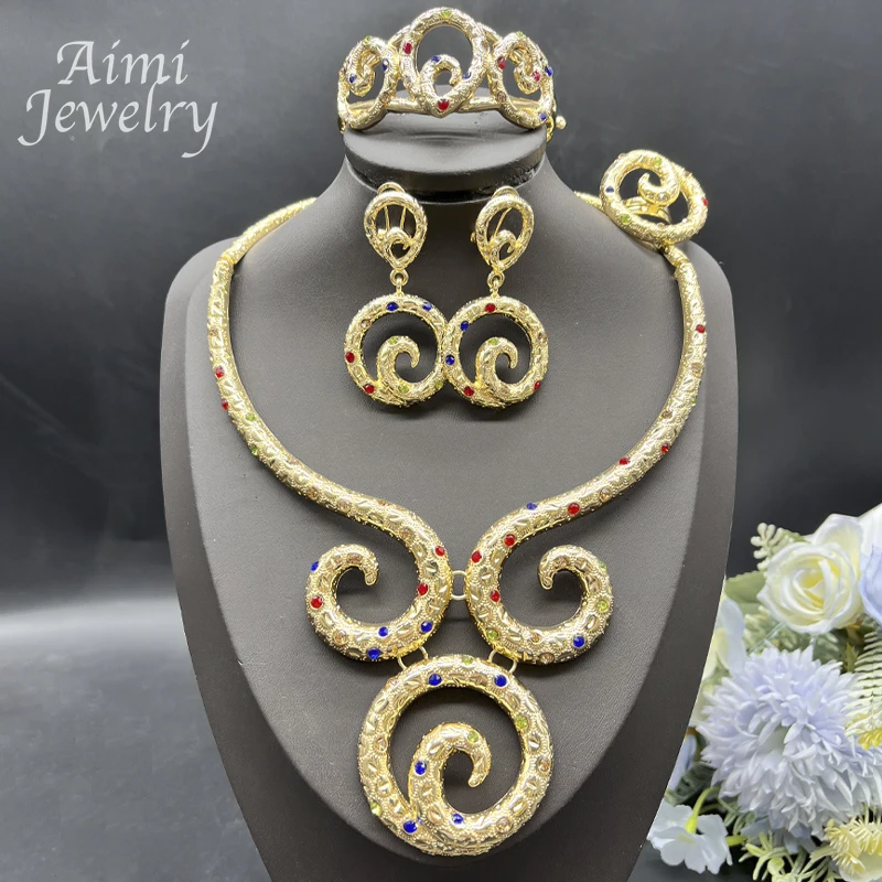 punk-18-karat-vergoldet-schmuck-set-bunte-strass-halskette-ohrringe