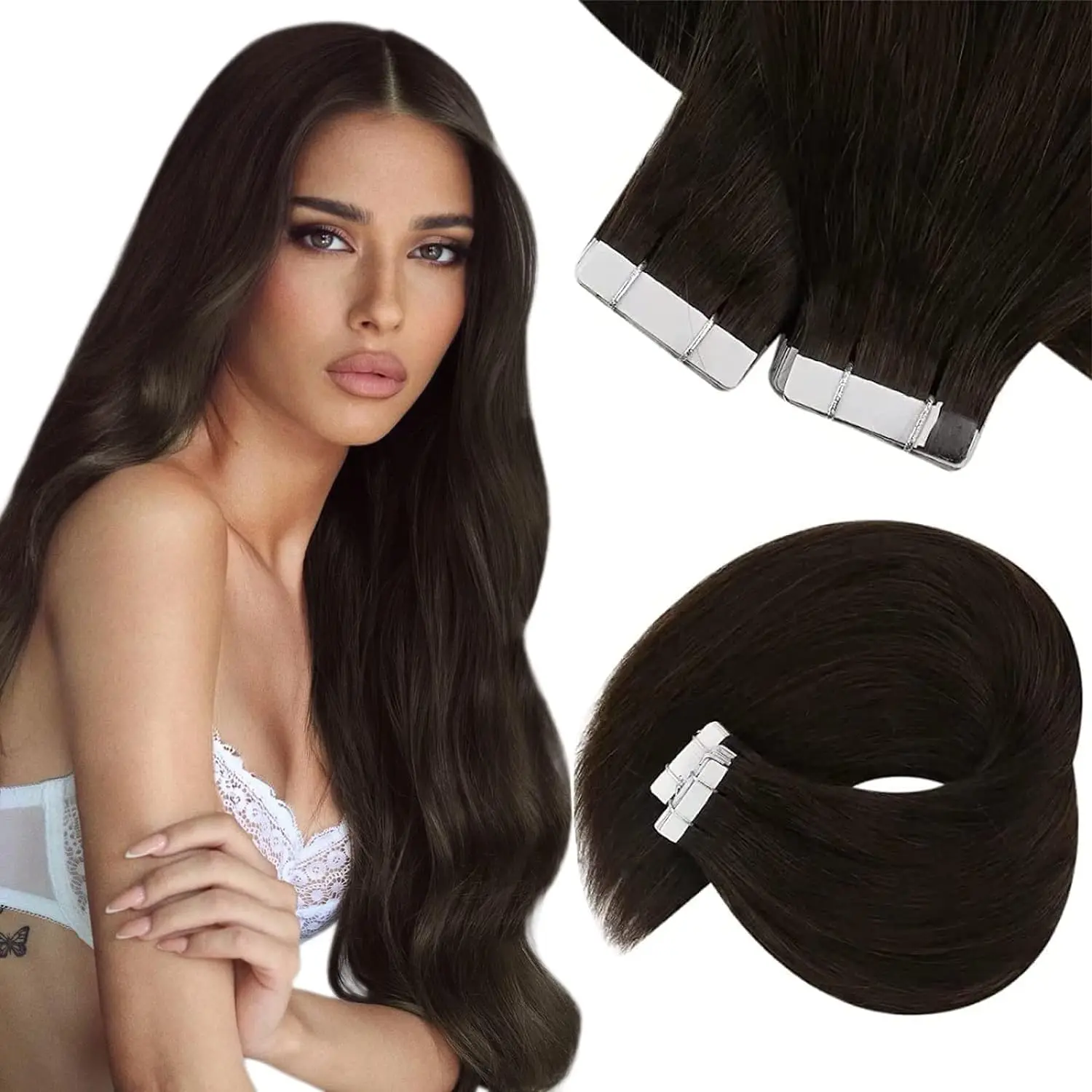 VeSunny Brown Tape in Hair Extensions Human Hair Brown Skin Weft Darkest Human Extensions for Women