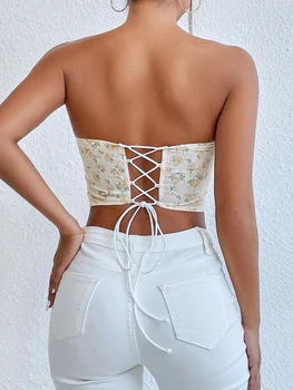Women Tube Top Strapless Backless Tie-up Flower Print Vest Summer Corset Waist Shaper 2