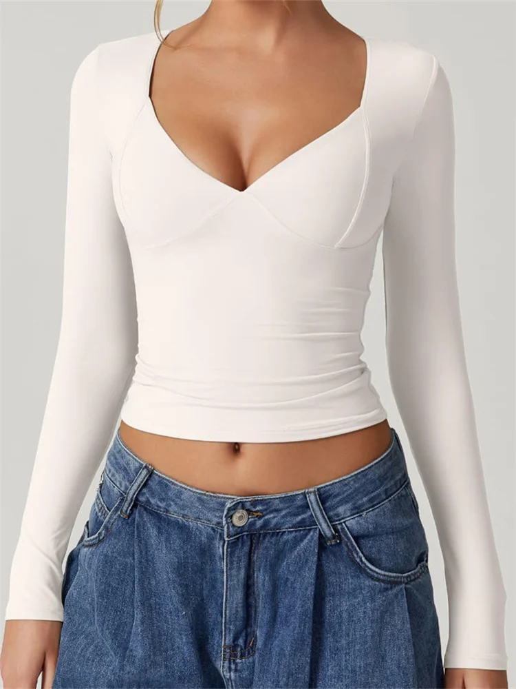 CHRONSTYLE Women V-neck Low Cut Solid Color T-Shirts Long Sleeve Slim Fit Round Neck Spring Fall Casual Tops Streetwear New