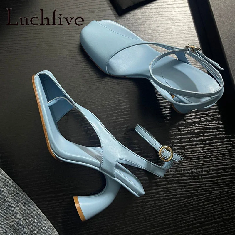 2024 Summer New Genuine Leather Strange Heels Shoes for Women Square Buckle Strap Pumps Brand Sexy Party Shoes Mujer