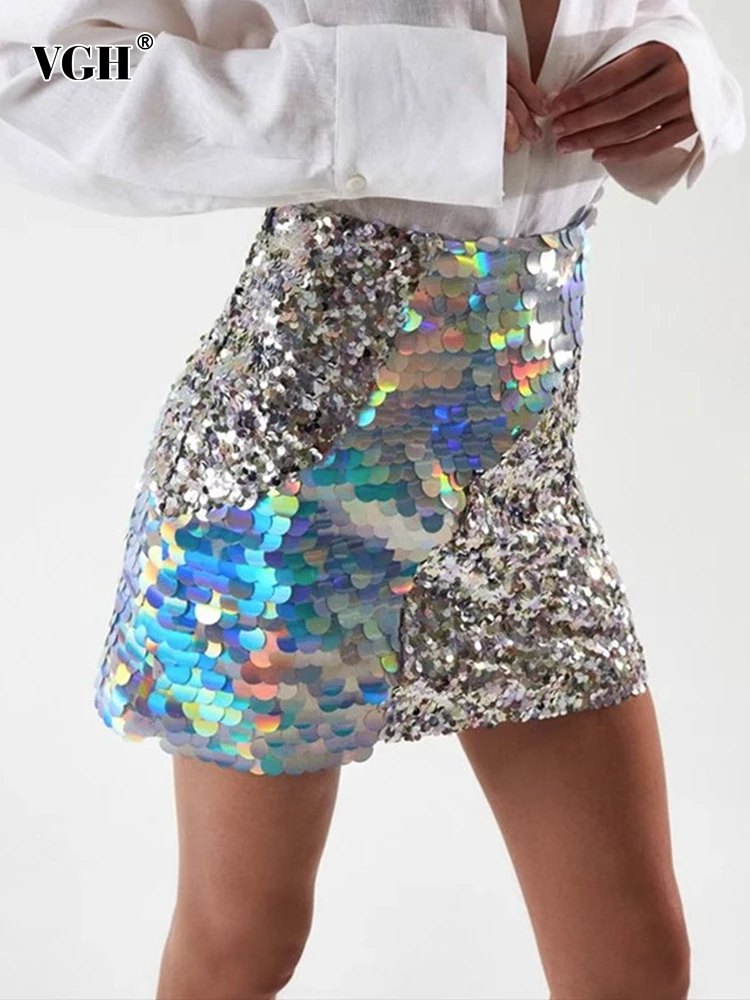 

VGH Patchwork Sequins Mini Skirts For Women High Waist Colorblock Temperament Slimming A Line Skirt Female Fashion Clothing New