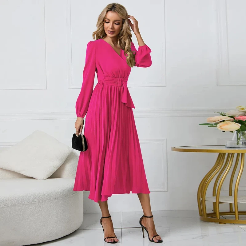Women's Long Sleeved Slim Fit Pleated Belt V-neck Dress A-line Skirt