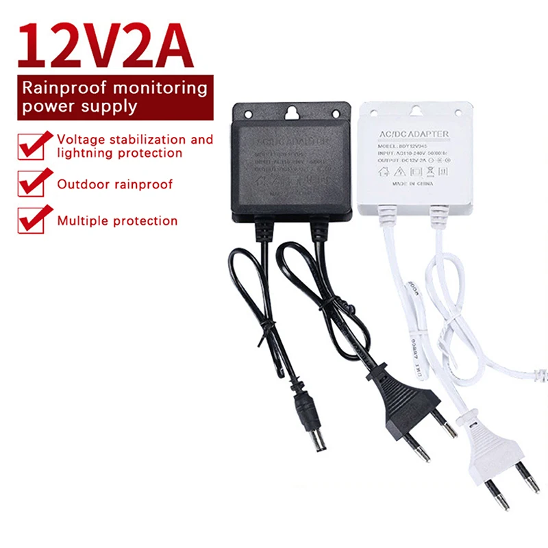 Waterproof Power Adapter - 12V 2A DC for Security Devices, Universal AC Input