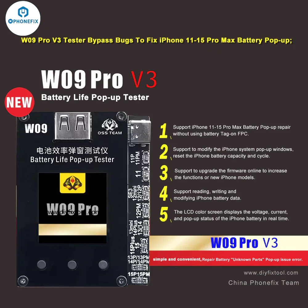 Probador emergente de vida de batería OSS W09 Pro V3 para iPhone 11, 12, 13, 14, 15 Max Pro, reparación emergente de salud, reinicio de ciclo de datos de salud