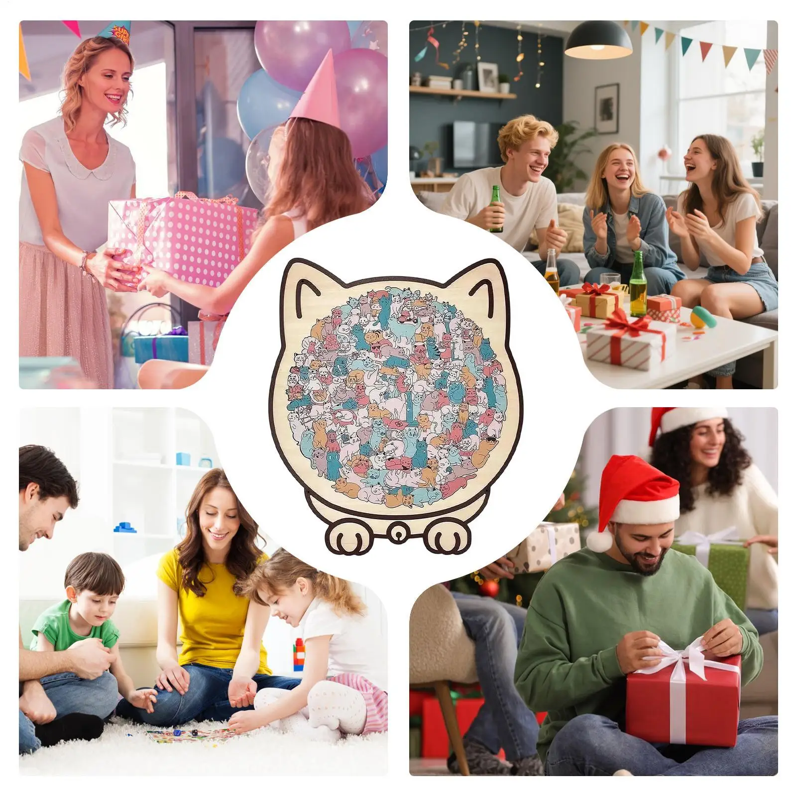 135 PC Cat-shaped Wooden Jigsaw Puzzle Unique Irregular Puzzle Pieces Game Birthday Xmas Gifts for Cat Lovers Home Decorations