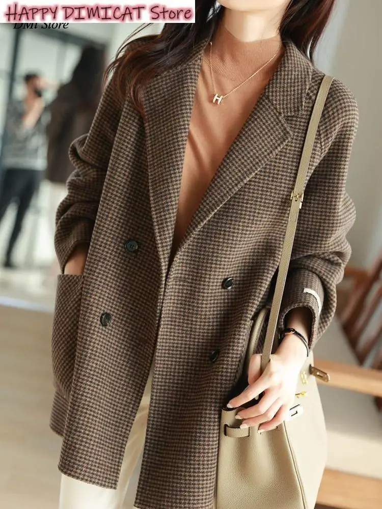 Warm Single Breasted Elegant Long Winter Jacket Women Women's Coat Fashion Pockets Plaid Wool & Blends Coats Ladies Thick jielur vintage washed american style sexy women s jeans slim fashion loose pockets office ladies full length chic wide leg pants