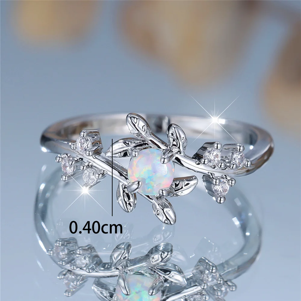 Elegant White Fire Opal Leaf Ring in Silver – Perfect Gift