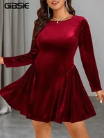 GIBSIE Plus Size Solid Color Elegant Velvet Dress Women Autumn and Winter Round Neck Long Sleeved Party Short A-line Dresses