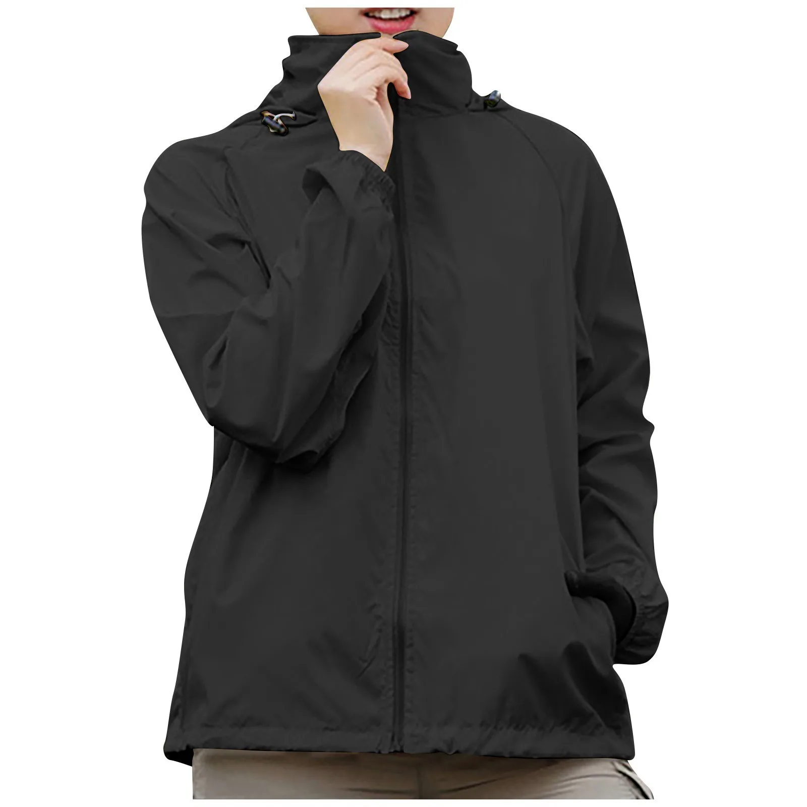 Solid-colored hooded windbreaker jacket with long sleeves, waterproof shell, and trench-style fit—ideal for climbing, hiking, and sun protection.  black 