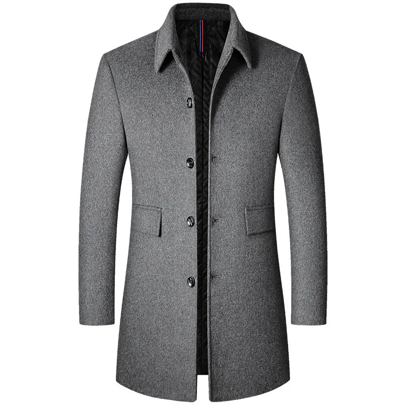 2023 Autumn/Winter Solid Color Thickened Extended Coat Windproof and Cold Resistant Men's English Retro Wool Coat Men's Clothing