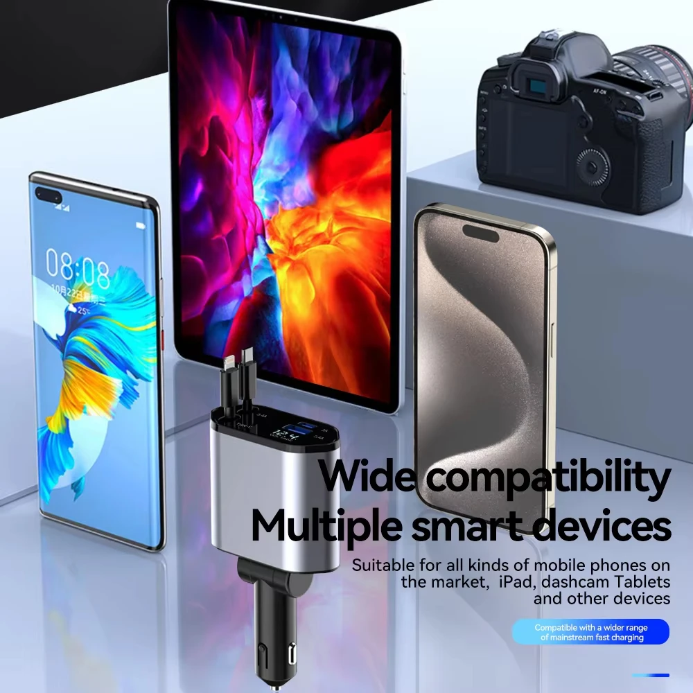 4in1 Car Charger Retractable USB Type C Cable Car Cigarette Lighter Adapter For IPhone 15 16 Pro Max Xiaomi Huawei Samsung