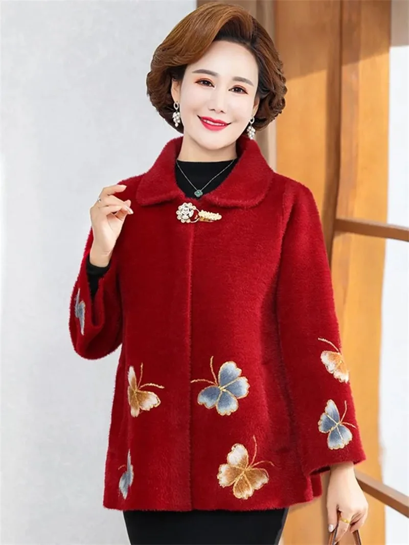 Mom's Autumn and Winter Fashionable Red Mink Fleece Lapel Coat Middle Aged And Elderly Grandma's Noble Embroidered Jacket P93