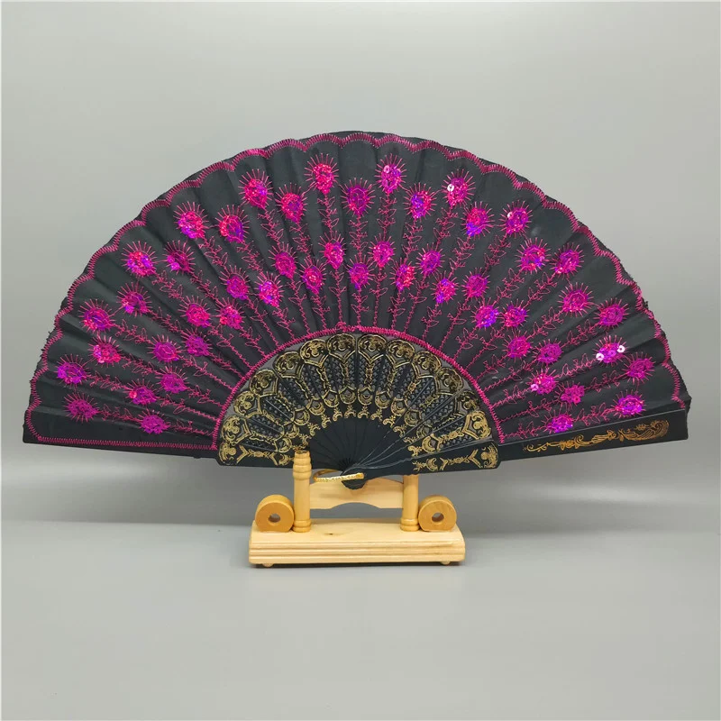Peacock Pattern Folding Hand Held Danc Fan Embroidered Sequin Wedding Prom DZ
