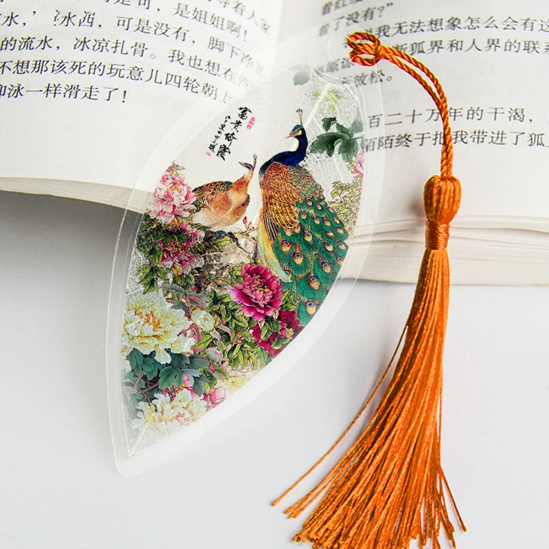 1pcs Classical Leaf Vein Bookmarks Chinese Peacock Flower Bookmarks with  Tassels Plastic Stationery Supplies Gift for Friends