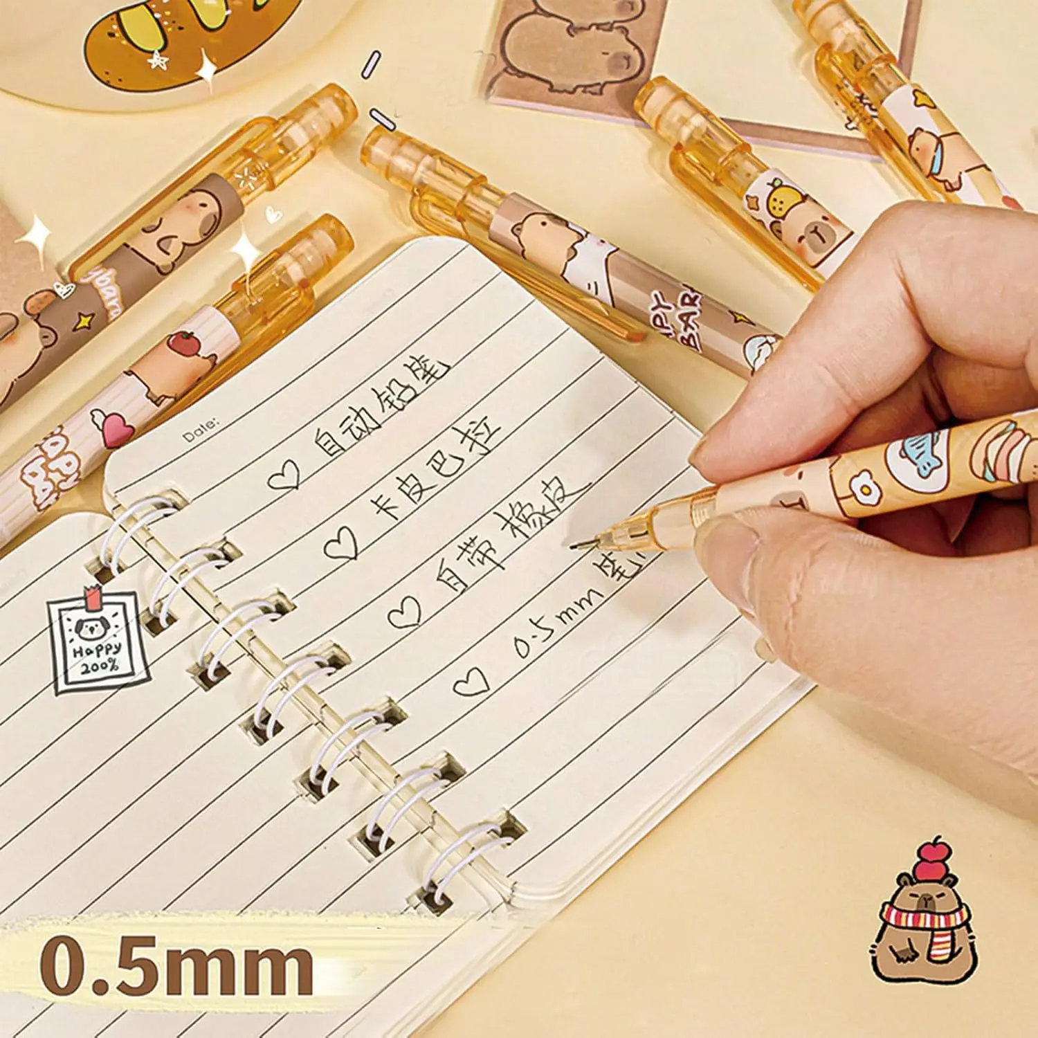 6 Pcs Cute Mechanical Pencils with Eraser 0.5mm Cartoon Capybara Mechanical Pencil Light Pencil for Kids Boy Girl Women 5