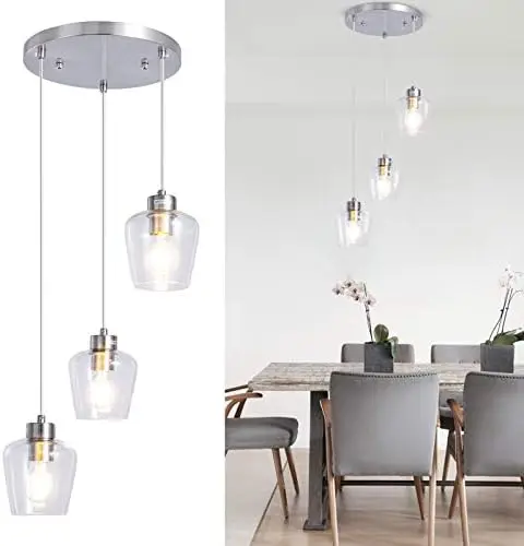 

3-Light Glass Pendant Light, Classic Cluster Chandelier,Brushed Nickel Hanging Lighting Fixture with Clear Glass Shades for Kitc