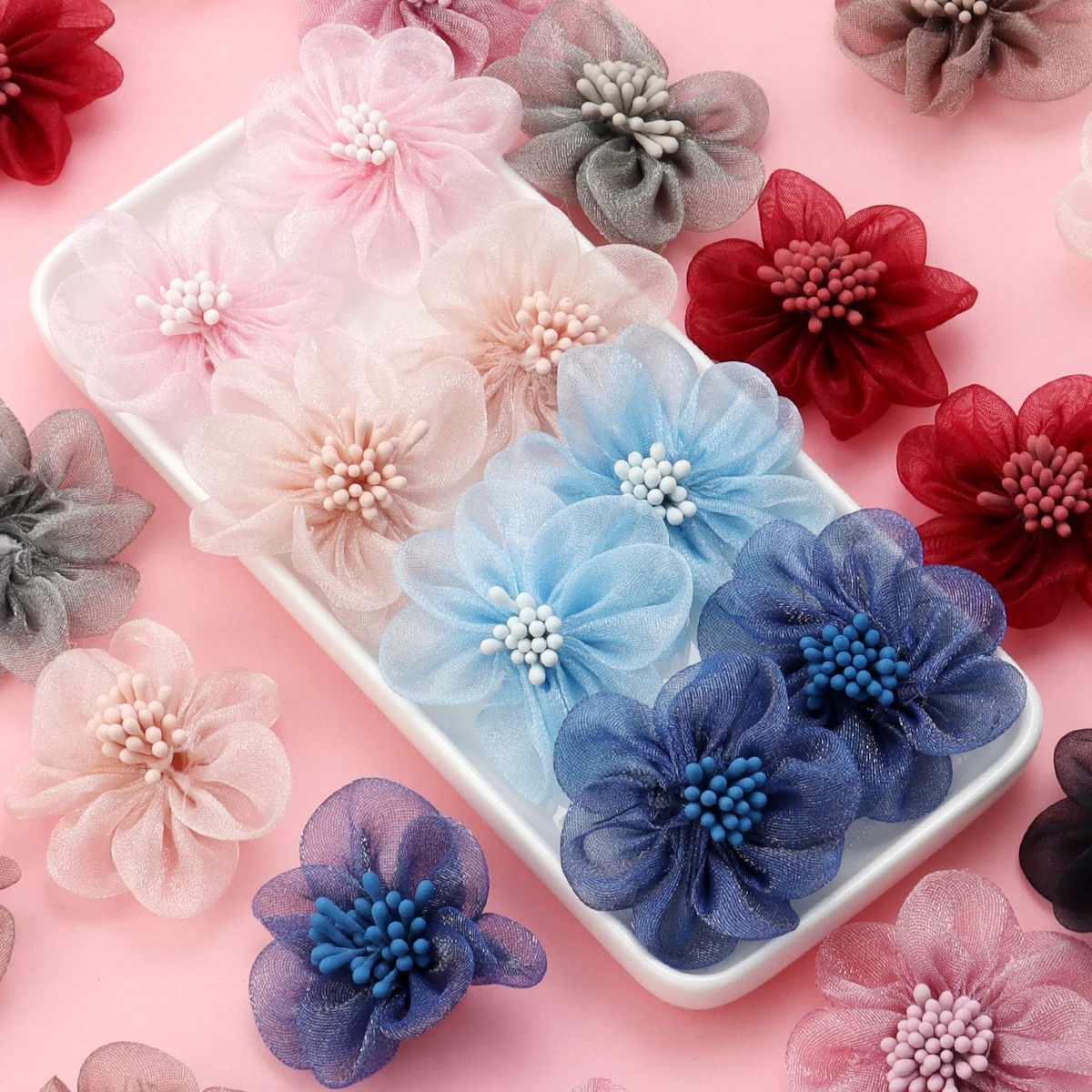 4 개/몫 Organza 수제 꽃 Stamens 색상 바느질 꽃 DIY 쥬얼리 의류 Applique 장식 용품