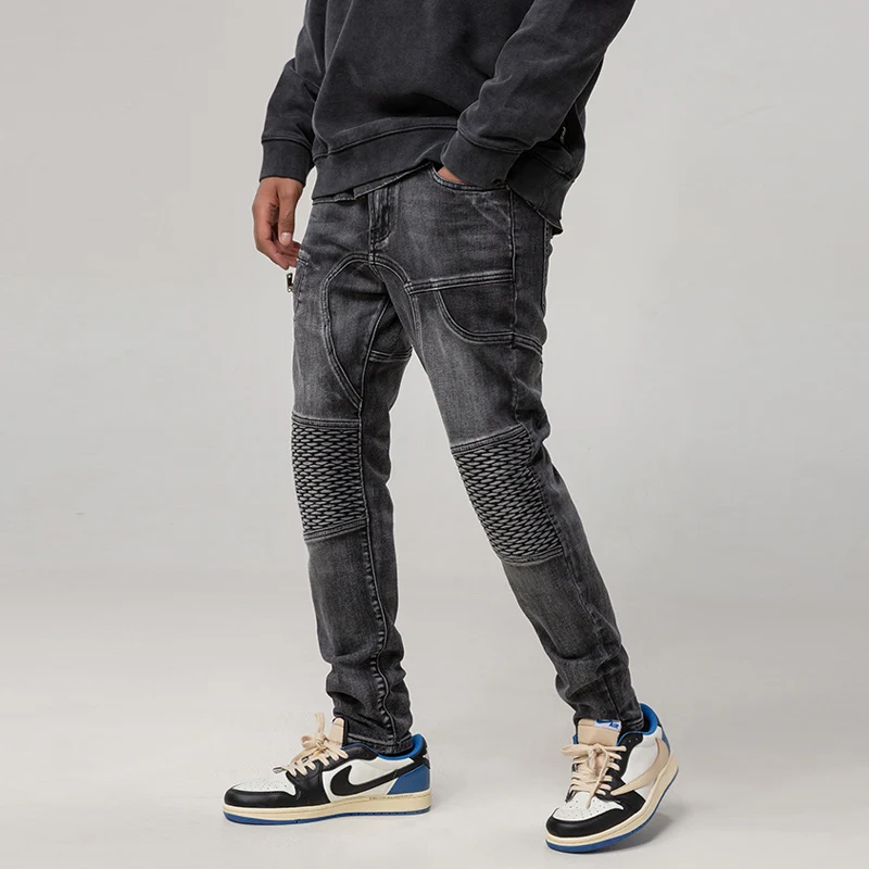 Street Fashion Men Jeans Retro Black Gray Elastic Slim Fit Spliced Biker Jeans Men Wrinkle Patch Designer Hip Hop Pants Hombre
