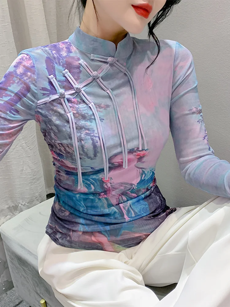 

Уличная одежда Winsleter, футболки с длинным рукавом, женские футболки с воротником-стойкой, тонкий сетчатый топ, новинка сезона осень-зима, T38726JM