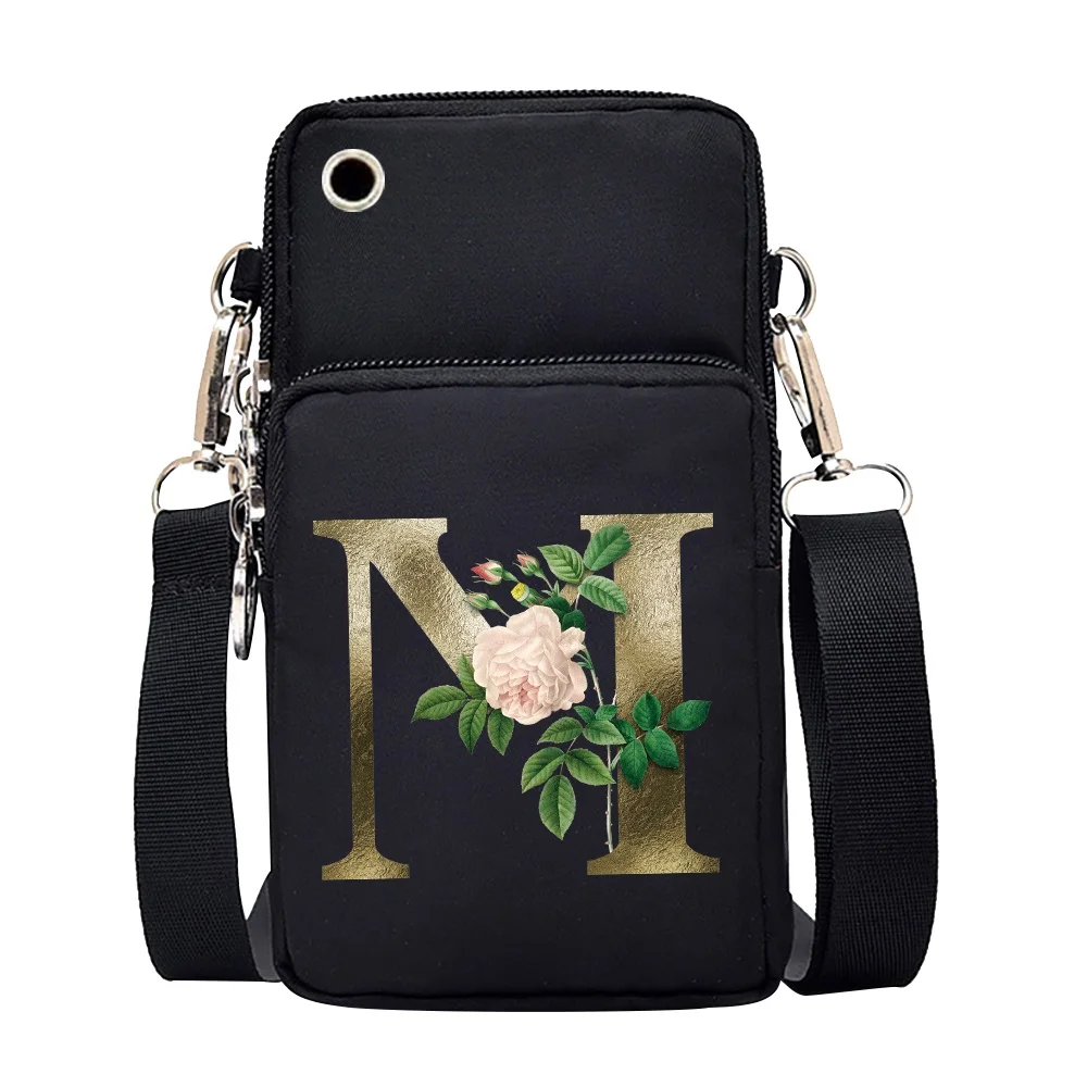 Unisex Mobile Phone Case Bags for Huawei Xiaomi iPhone Shoulder Satchels Women Pouch Golden-flower 26 Letters Series Wrist Pack