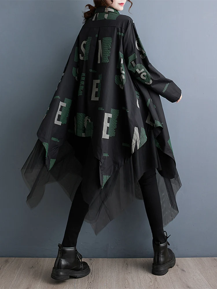 Mesh Spliced Vintage Letter Print Shirt Dresses For Women New Long Sleeve Loose Casual Dress Fashion Elegant Clothes Autumn 2025