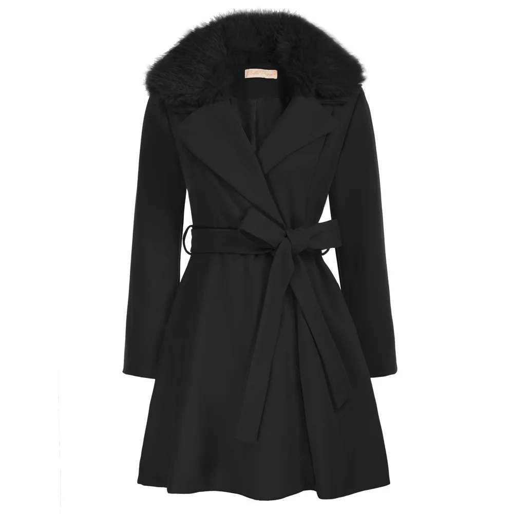 BP Women Detachable Fur Collar Overcoat With Belt Lapel Collar Knee Length Coat  Mid-Length Winter Outerwear Solid Jacket A30