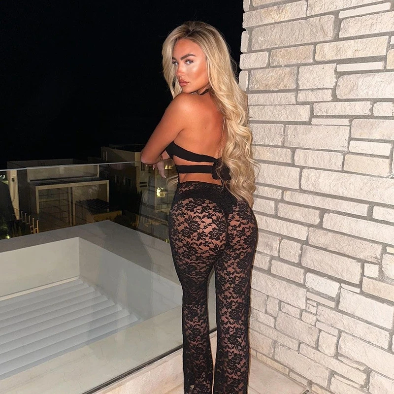 Sexy Lace Stiching Mesh See Through Backless Slim Jumpsuits Summer Deep V Halter One Piece Flare Rompers Skinny Y2K Club Bodycon