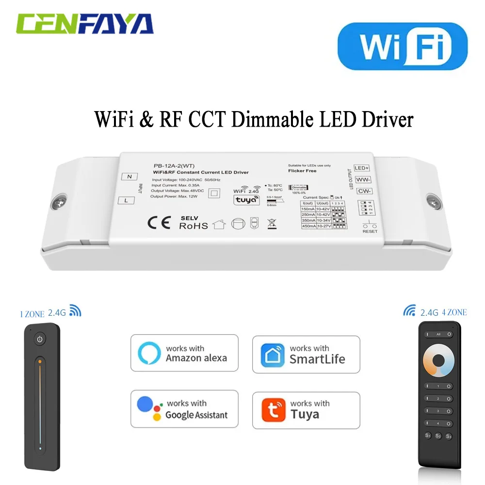 Cenfaya ไวไฟ Tuya CCT ชุดไดรเวอร์ LED หรี่แสงได้ทำงานร่วมกับ Alexa และ Google Home 2.4GHz RF 4 Zone รีโมทคอนโทรล 1