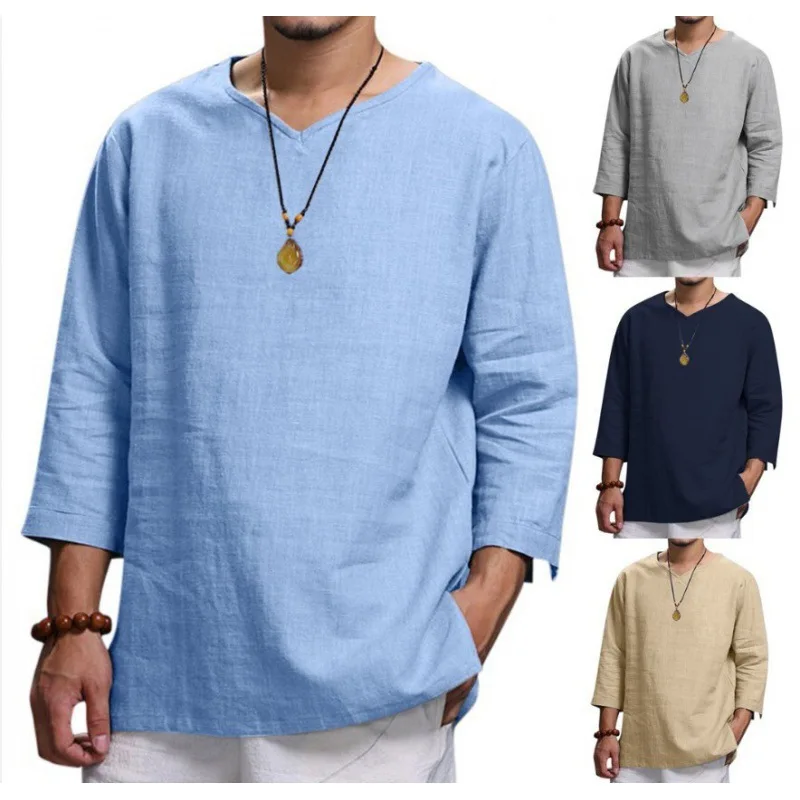 

High Quality 2022 New Men'S Linen V Neck Bandage T Shirts Male Solid Color Long Sleeves Casual Cotton Linen Tshirt Tops S-3xl