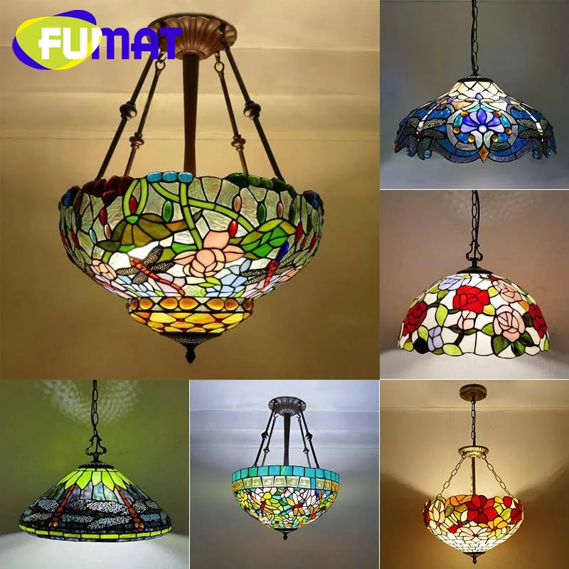 

FUMAT Tiffany style stained glass simple retro rose dragonfly Pendant lamp for dining room bedroom corridor hanging light decor