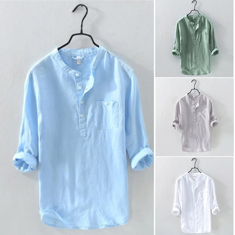 

Men's Long Sleeves Shirts Breathable Cotton Linen Tunic Casual Beach Henley Tops Men Solid Color Breathable Casual FS99