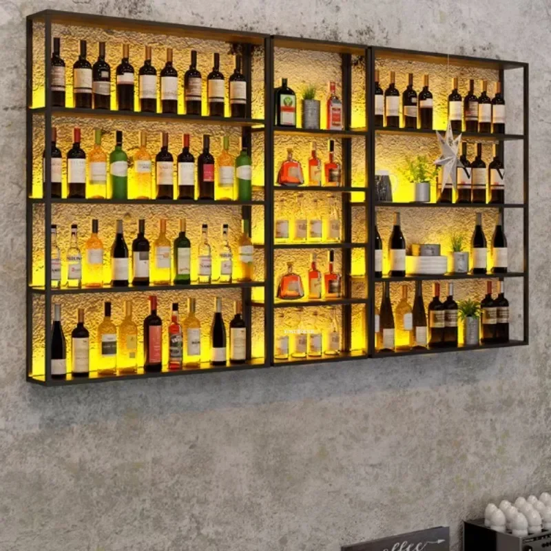 Wrought Iron Wall-mounted Bar Wine Display Cabinets for Living Room Restaurant Bar Home Showcase Industrial Wine Rack with LED s