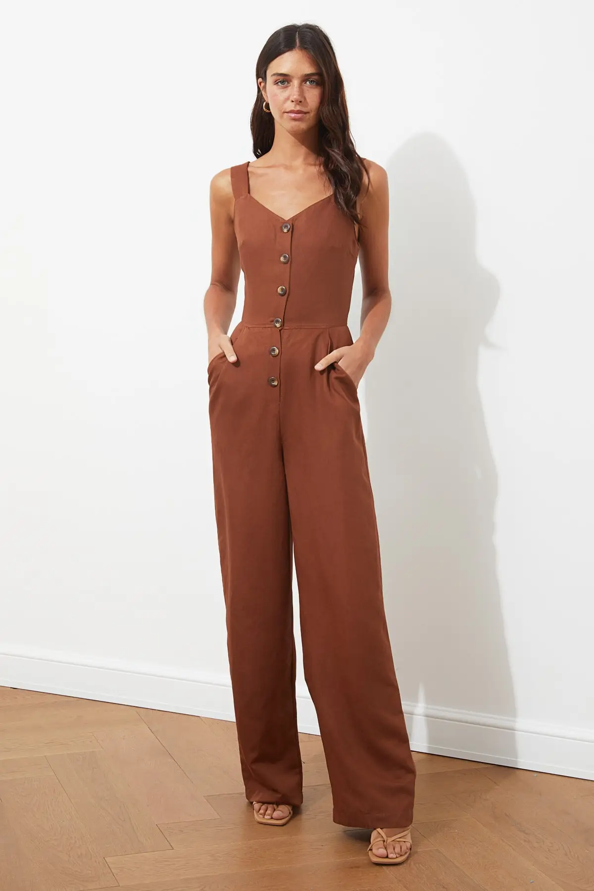 Jumpsuit Kancing Coklat 100% Linen 