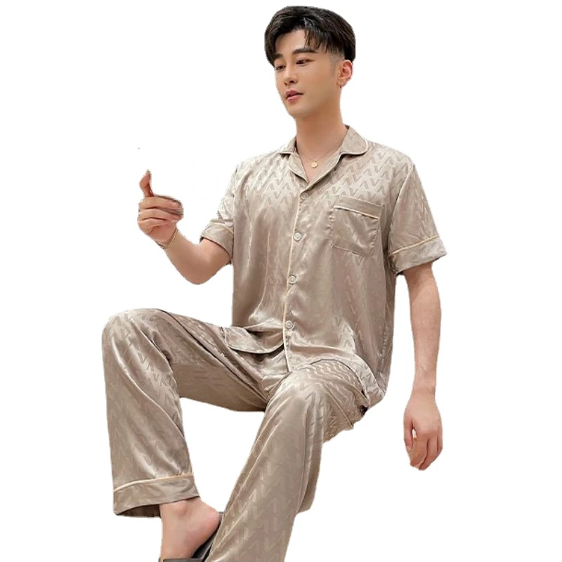 Ice Silk Pajamas Men Three Pieces Suit Short Sleeve Long Pants Shorts Sleepwear Summer Loungewear Luxury Brand Lounge Set