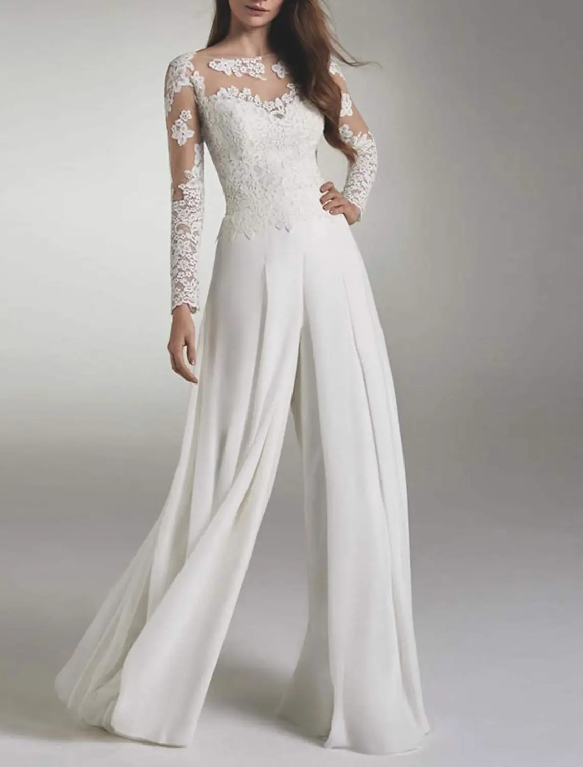 

CloverBridal Hall Повседневный Свадебный комбинезон шифоновый костюм для невесты с длинными рукавами иллюзионный декольте осенние брюки свадебное платье WW8268