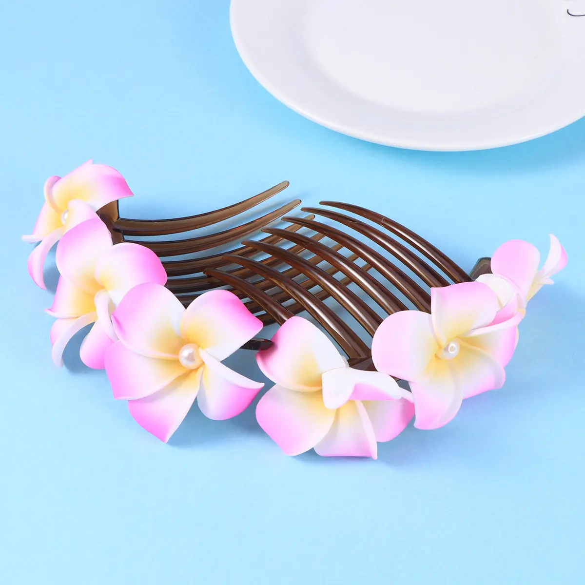 진주 꽃 신부 머리 빗 수제 흰색 인공 플루메리아 웨딩 헤어피스 신부 들러리 헤어 액세서리 여성용