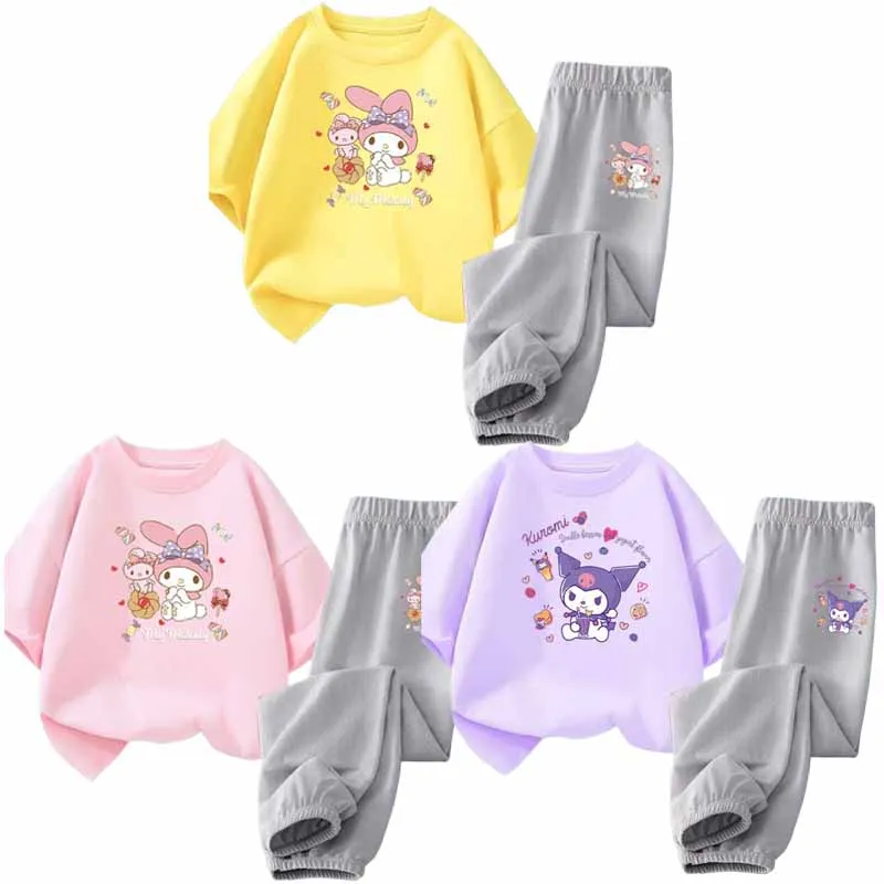 

Sanrios Anime My Melody Kuromi Cartoon Cute Children Summer Clothing Short Sleeve Pants Suit Girls Tops T-shirt Sportswear