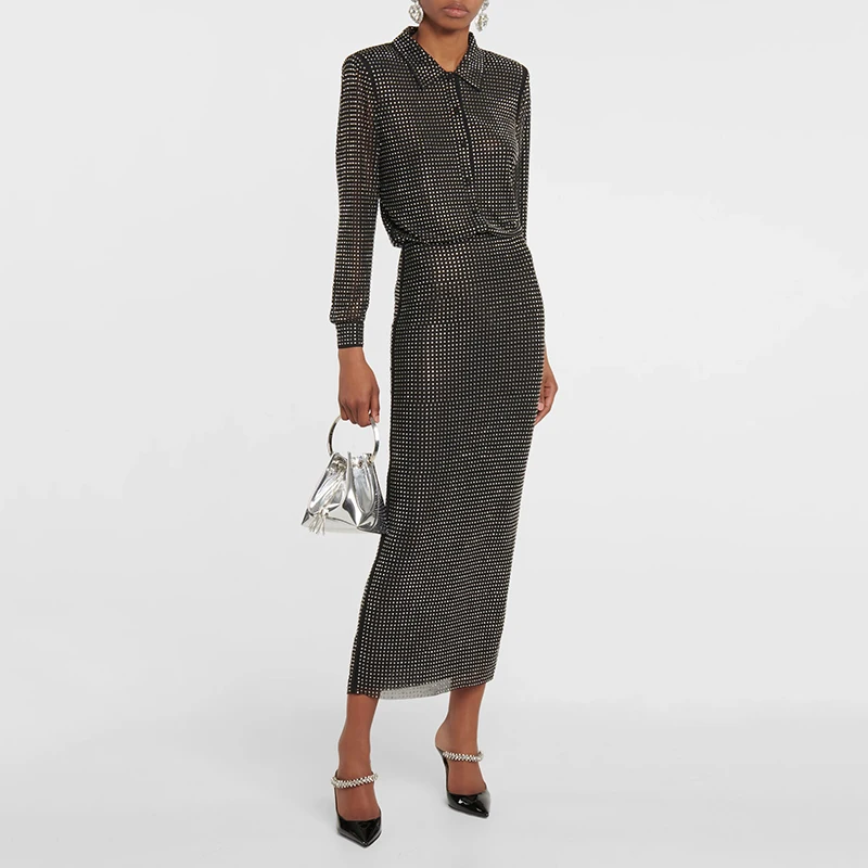 

High quality and heavy craftsmanship full body hot diamonds long Womens dresses chic sexy lapel long sleeve mesh dress 2023 New