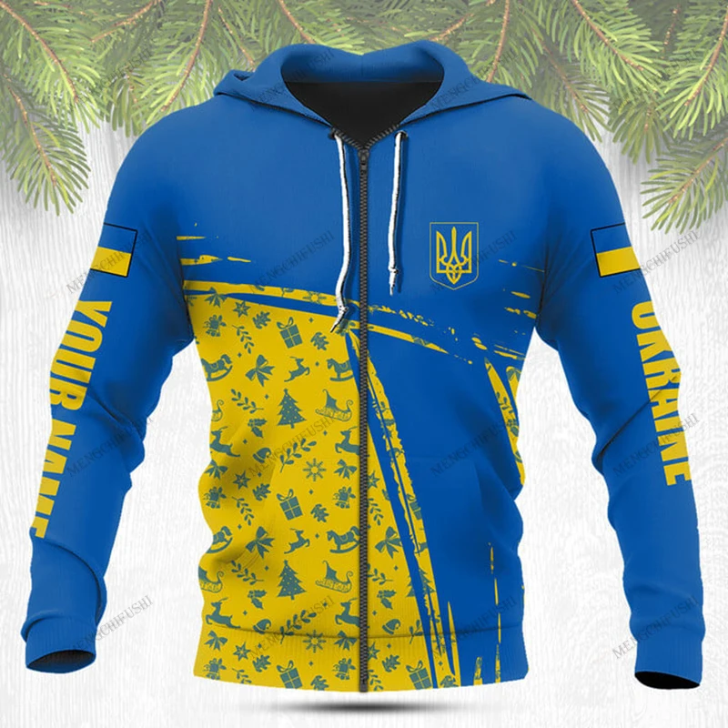 

Custom Name Ukraine Emblem Christmas Zipper Hoodies Unisex Oversize Sweatshirts Winter Casual Streetwear Tops Pullover