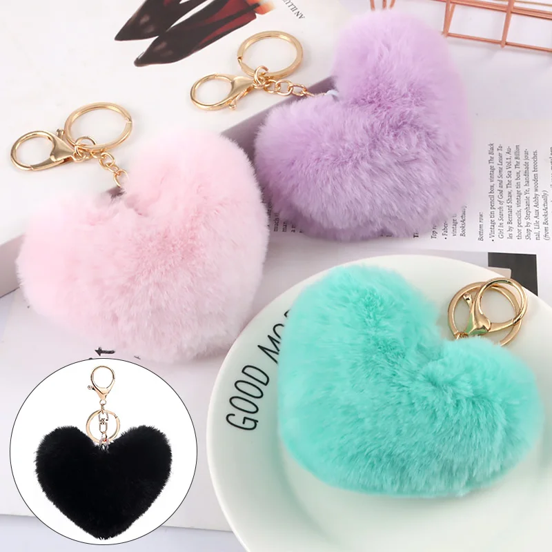 1Pc Fluffy Fur Pom Pom Portachiavi Soft Faux Rabbit Fur Love Heart Shape Ball Portachiavi Borsa Da Donna Ciondolo Gioielli Portachiavi Charms