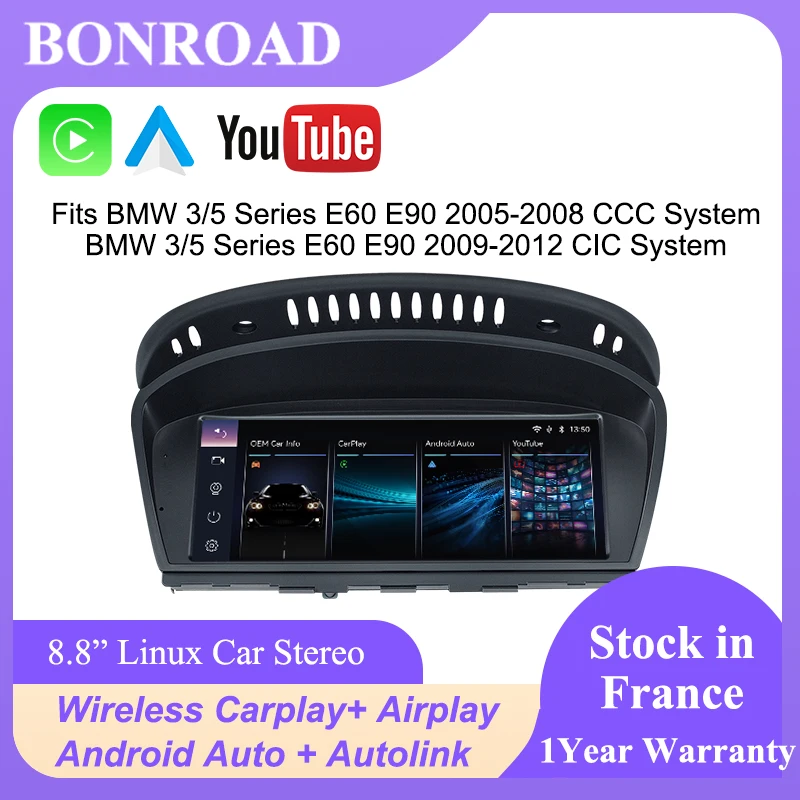 Pantalla táctil inalámbrica Bonroad de 8.8" con Linux y Carplay para BMW Serie 3/5 E60 E61 E90 E91 E92 E93 con sistema CCC CIC, Android Auto, Airplay y reproductor multimedia para automóvil. 7