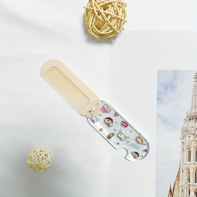 1pc  Comb Set Cartoon Folding Mirror, Mini Portable Pocket Size, ABS Plastic Handle, Plastic Bristle, for Normal Hair