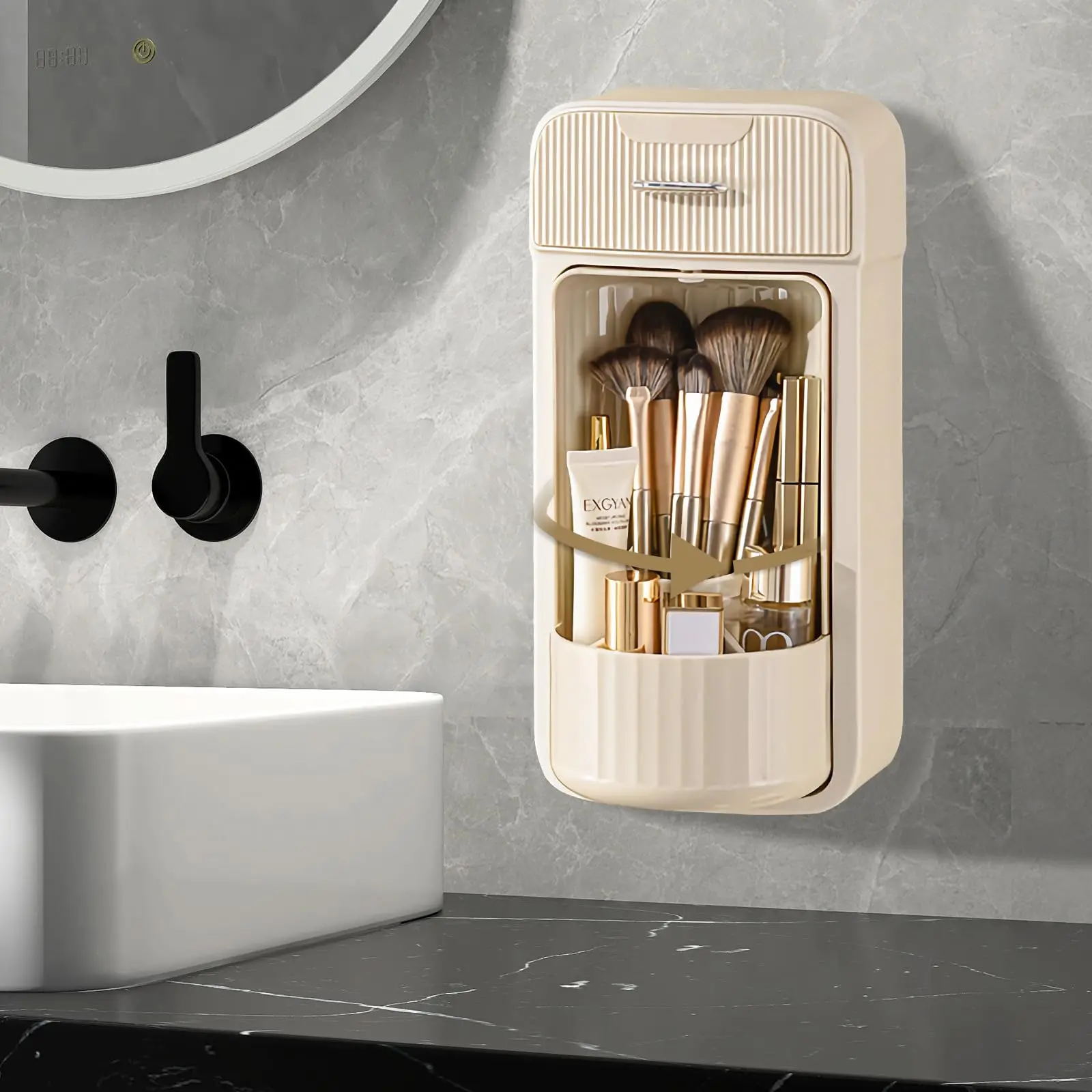 360 Rotation Makeup Brush Organizer, Wall-Mounted Bathroom Counter Organizer with Drawer Storage Box Holder 6